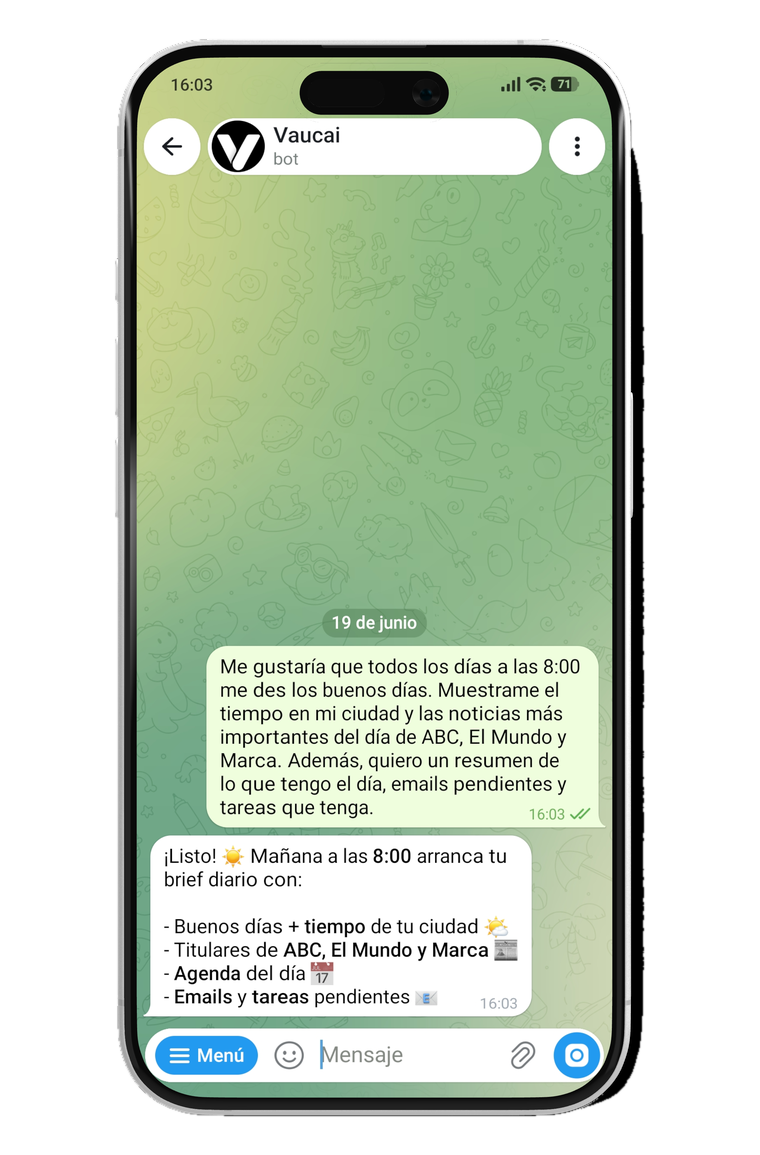 El usuario pide a Vaucai un resumen diario y el asistente lo programa