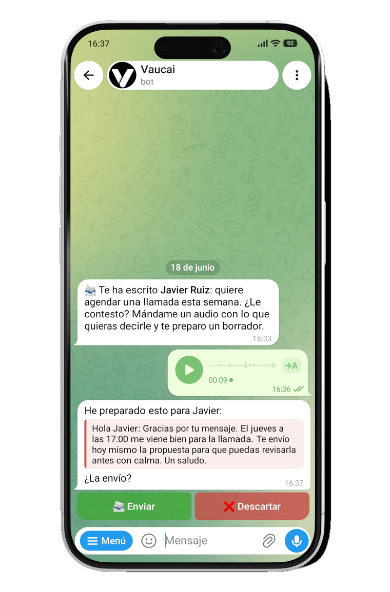 El asistente Vaucai redactando una respuesta de correo a partir de un audio