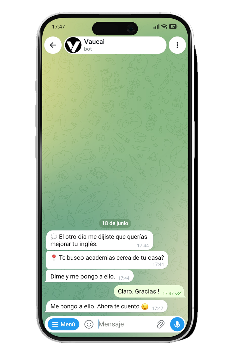 El asistente Vaucai recordando proactivamente que el usuario quería mejorar su inglés