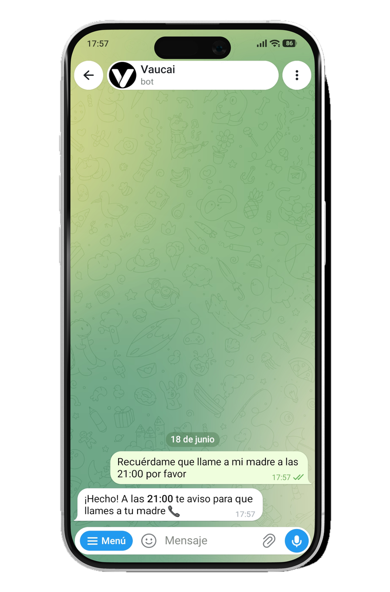 El asistente Vaucai apuntando un recordatorio que el usuario le pidió por chat