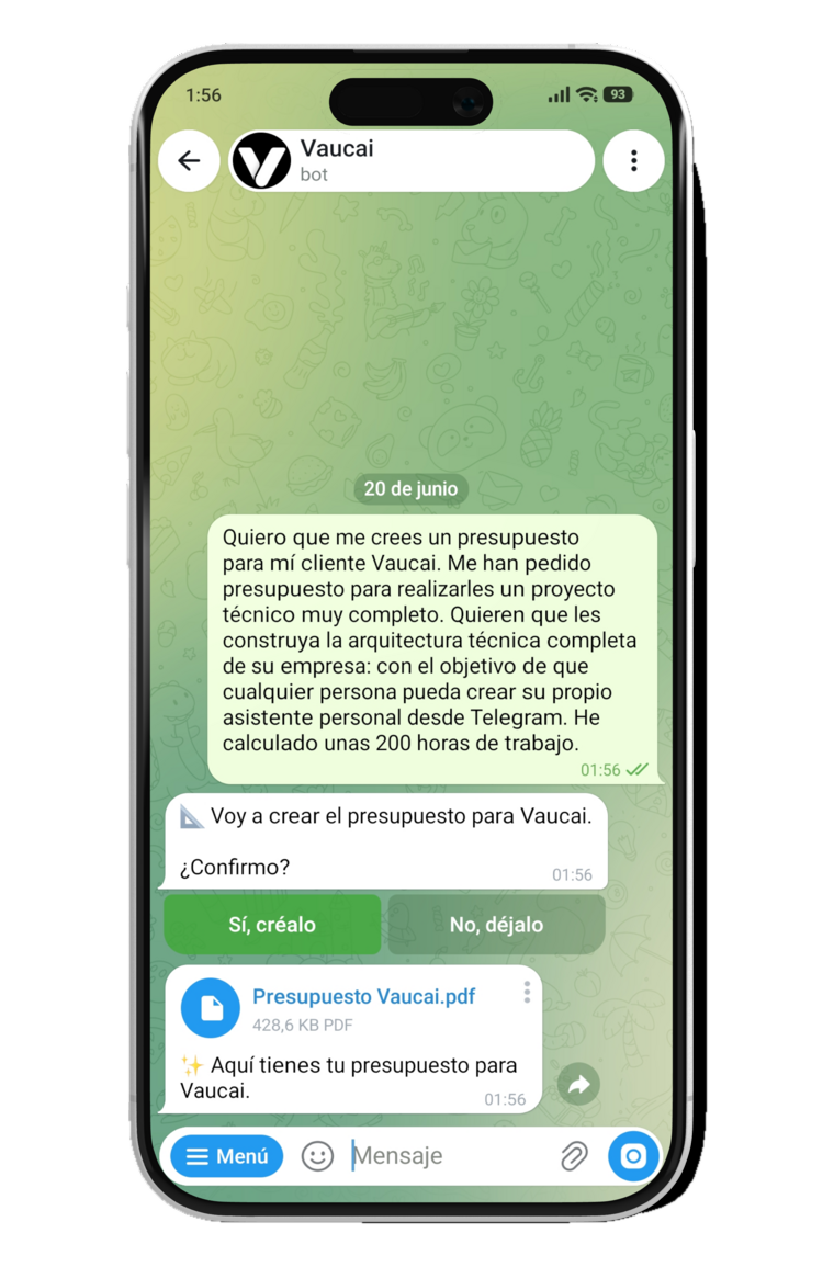 El usuario pide a Vaucai un presupuesto para un cliente y el asistente lo crea
