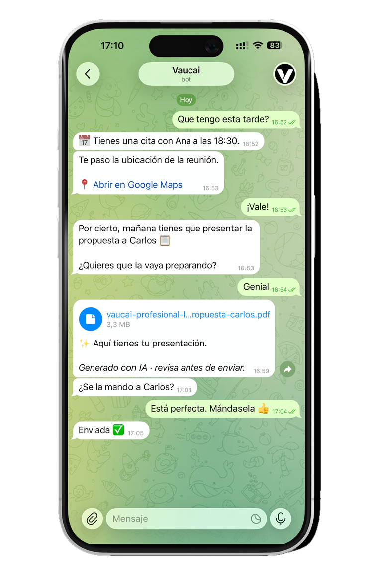 Conversación real con el asistente Vaucai en Telegram